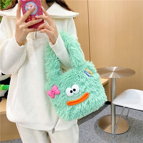 Women Cute Plush Handbag Cartoon Monster Large Capacity Tote Bag Soft Faux Fur Shoulder Bag With Bow Decoration Daily Gift