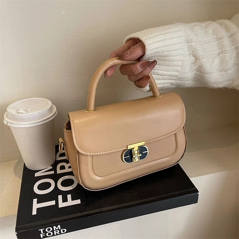 Women PU Leather Small Square Bag With Top Handle Retro Lock Buckle Design Adjustable Shoulder Strap Crossbody Handbag