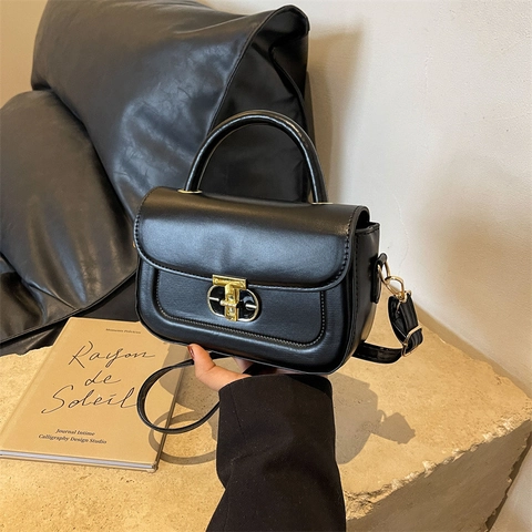 Women PU Leather Small Square Bag With Top Handle Retro Lock Buckle Design Adjustable Shoulder Strap Crossbody Handbag
