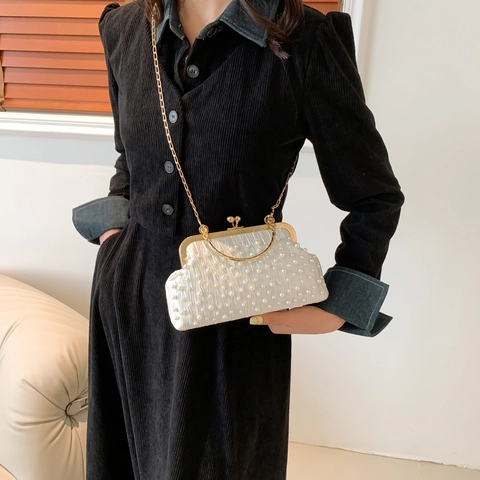 Women Evening Clutch Bag Pleated Fabric Faux Artificial Pearl Gold Tone Metal Handle Chain Strap Retro Banquet Shell Purse