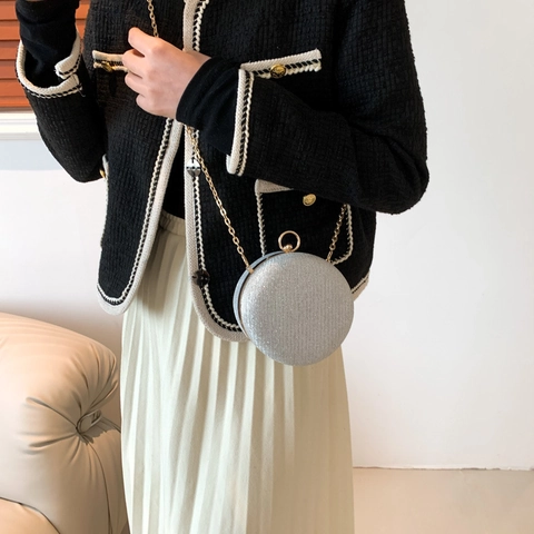 Fashion Women Round Sequin Evening Bag Glitter PU Hard Shell Chain Shoulder Bag Banquet Party Mini Clutch Handbag Gift