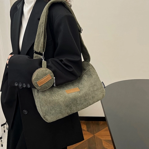 Vintage Corduroy Shoulder Bag With Round Coin Purse Retro Striped Crossbody Camera Bag For Women Casual Daily Travel Satchel Bag