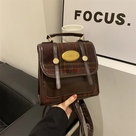Vintage Plaid Tweed Small Backpack For Women British Style PU Leather Patchwork Handbag Casual Shoulder Bag Metal Plate
