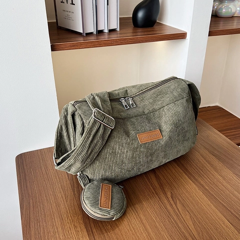Vintage Corduroy Shoulder Bag With Round Coin Purse Retro Striped Crossbody Camera Bag For Women Casual Daily Travel Satchel Bag