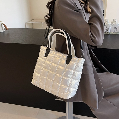 Trendy Metallic Quilted Puffer Tote Bag For Women Shiny Large Capacity Shoulder Crossbody Handbag Casual Commuter Square Bag