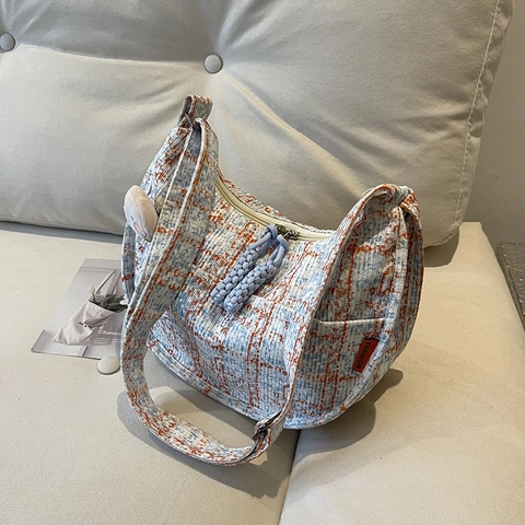 Borsa Hobo da Donna in Tweed a Quadri Borsa a Tracolla Casual con Ciondolo a Forma di Pesca in Peluche Uso Quotidiano