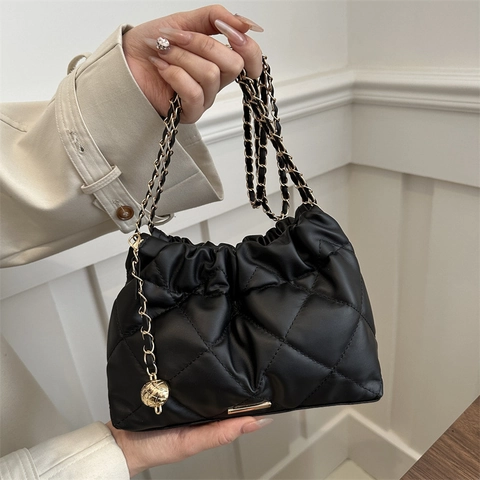 Bolso de Hombro Acolchado de Rombos para Mujer Cuero PU Suave Bolso Cubo Plisado con Cordón y Correa de Cadena Dorada