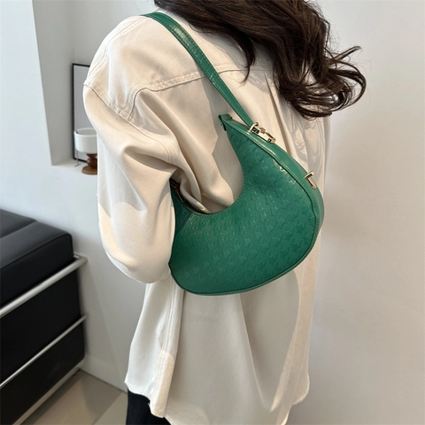Women PU Leather Half Moon Underarm Bag Houndstooth Embossed Retro Simple Shoulder Handbag Solid Color Zipper Closure