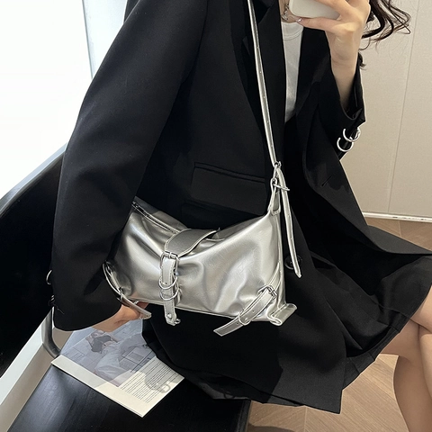 Damen Achseltasche Schultertasche PU Leder Vintage Metallschnalle Dekor Y2K Street Style Verstellbarer Riemen Reißverschluss