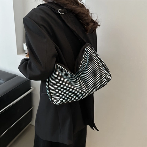 Women Rhinestone Hobo Shoulder Bag Glitter PU Leather Handbag With Adjustable Strap For Daily Party Fashion Tote Bag