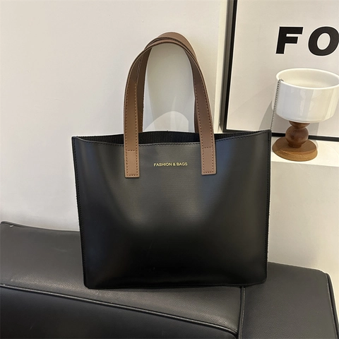 Bolso Tote de Moda para Mujer de Cuero PU con Asa en Contraste Bolso de Hombro Maletín Profesional Casual de Diario Color Sólido Gran Capacidad