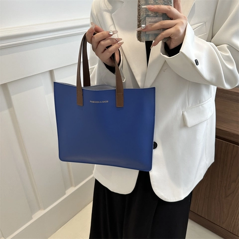 Bolso Tote de Moda para Mujer de Cuero PU con Asa en Contraste Bolso de Hombro Maletín Profesional Casual de Diario Color Sólido Gran Capacidad