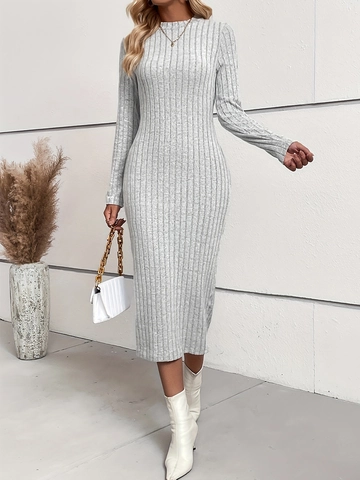 Vestido Largo de Punto de Canalé para Mujer Manga Larga Ajustado Cuello Redondo Vestido de Tubo Elegante Color Sólido Primavera Otoño