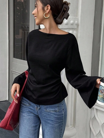 Blusa de Hombros Descubiertos con Manga Campana para Mujer Color Sólido Ajustada Top Elegante con Lazo Posterior