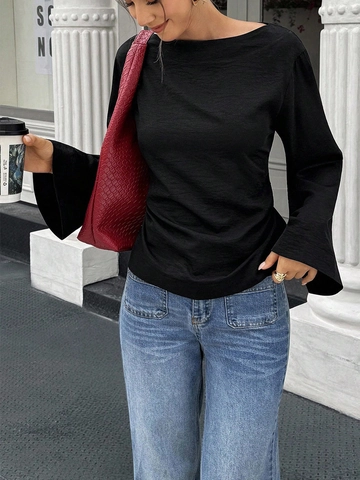 Blusa de Hombros Descubiertos con Manga Campana para Mujer Color Sólido Ajustada Top Elegante con Lazo Posterior