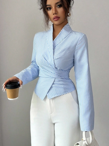 Women Striped Long Sleeve Wrap Blouse Casual V Neck Slim Fit Tie Back Shirt Office Commuting Elegant Top For Spring Autumn