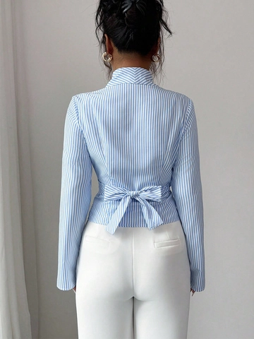 Women Striped Long Sleeve Wrap Blouse Casual V Neck Slim Fit Tie Back Shirt Office Commuting Elegant Top For Spring Autumn