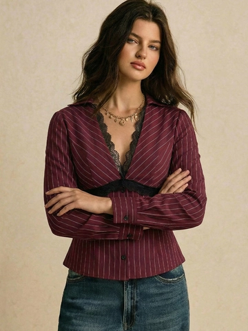 Women Long Sleeve Blouse Polyester V Neck Vertical Stripe Black Lace Trim Slim Fit Shirt Elegant Casual