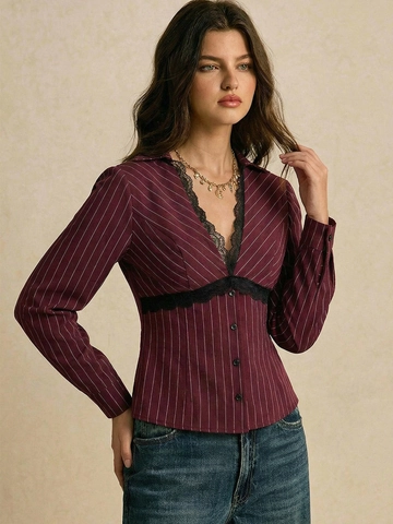 Women Long Sleeve Blouse Polyester V Neck Vertical Stripe Black Lace Trim Slim Fit Shirt Elegant Casual