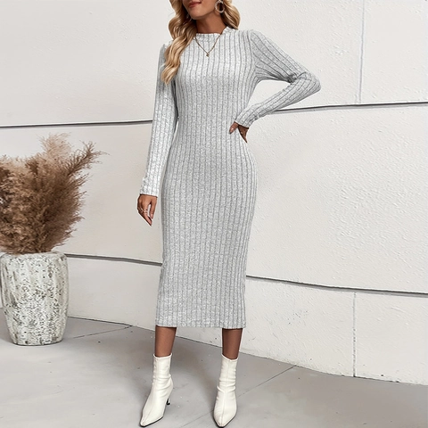 Women Elegant Ribbed Knit Maxi Dress Slim Fit Long Sleeve Round Neck Bodycon Solid Color Casual Fall Winter Dress