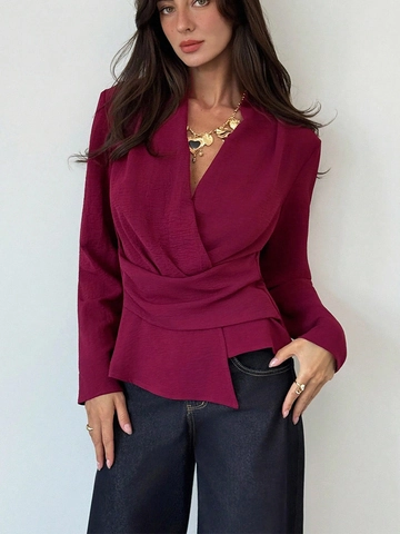 French Style Women Wrap V Neck Blouse Long Sleeve Solid Color Slim Fit Ruched Polyester Top Office Lady Elegant Shirt