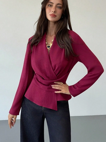 French Style Women Wrap V Neck Blouse Long Sleeve Solid Color Slim Fit Ruched Polyester Top Office Lady Elegant Shirt