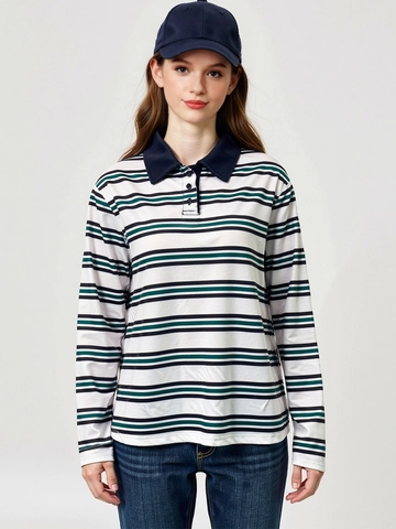 Polo a Rayas para Mujer Manga Larga Poliéster Spandex Ajuste Holgado Pullover Retro Casual Conmutador Oficina Tops Primavera Otoño