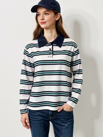 Polo a Rayas para Mujer Manga Larga Poliéster Spandex Ajuste Holgado Pullover Retro Casual Conmutador Oficina Tops Primavera Otoño