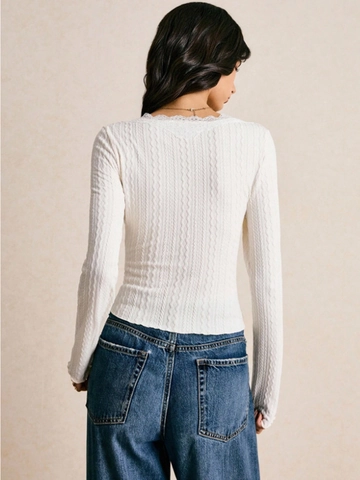 Women Slim Fit Long Sleeve Top Lace V Neck Ribbed Button Front Blouse Elegant Solid Color Commuter Shirt