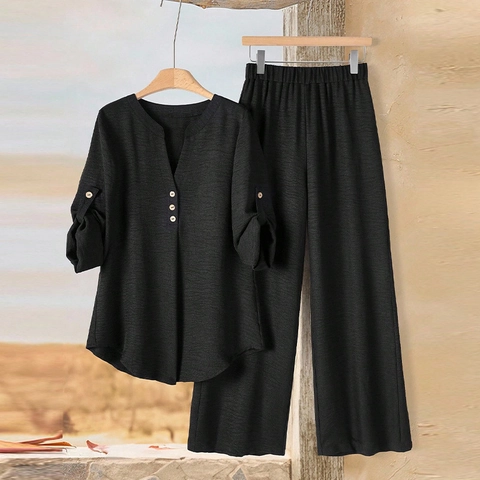 Polyester Langarm Top Und Weite Hose Set Mit Holzknöpfen V-Ausschnitt Strukturierte Lockere Damen Casual Commute Outfit