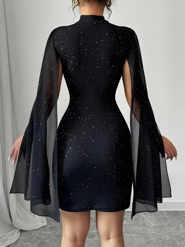 Elegant Women Sequin Bodycon Mini Dress With Cape Sleeves Mock Neck Glitter Party Evening Banquet Slim Fit