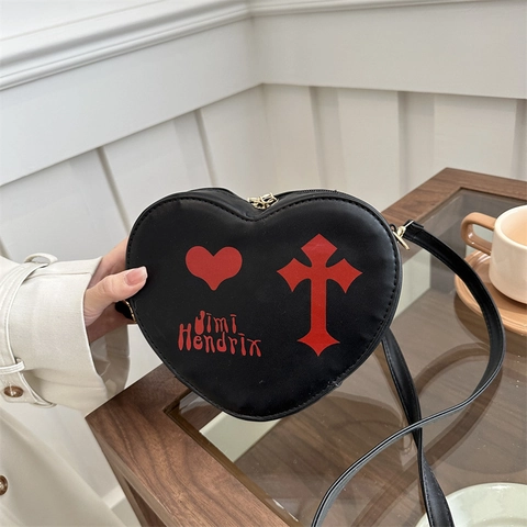 Borsa A Spalla A Forma Di Cuore Pelle PU Stampa Croce Gotica Punk Streetwear Borsa A Tracolla Donna