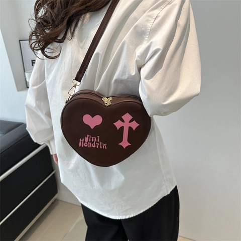 Borsa A Spalla A Forma Di Cuore Pelle PU Stampa Croce Gotica Punk Streetwear Borsa A Tracolla Donna