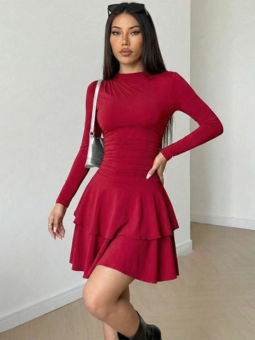 Abito Midi da Donna Slim Fit a Manica Lunga Increspato Elegante Tinta Unita Con Orlo a Volant a Strati Bodycon per Feste