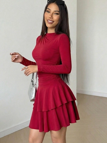 Abito Midi da Donna Slim Fit a Manica Lunga Increspato Elegante Tinta Unita Con Orlo a Volant a Strati Bodycon per Feste