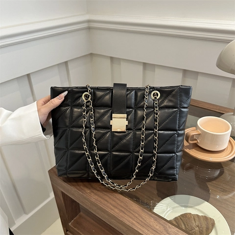 Dames Gewatteerde Tote Bag PU Leer Ruitpatroon Gouden Ketting Schoudertas Met Metalen Gesp Voor Dagelijks Woon Werkverkeer Urban