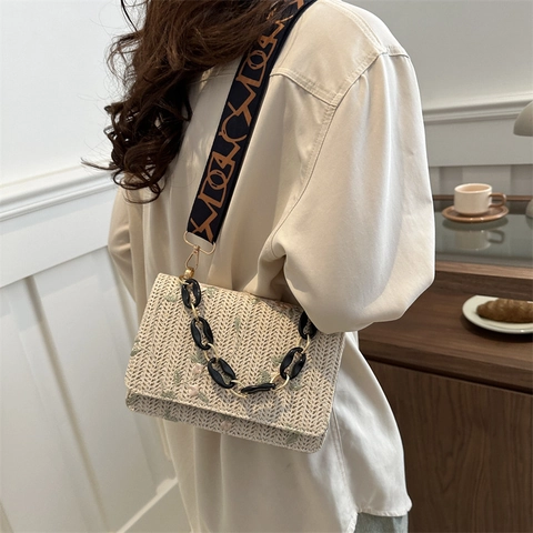Mode Gewebt Bestickt Schultertasche Für Damen Blumenstickerei Umhängetasche Mit Harzkette Breit Jacquard Gurt