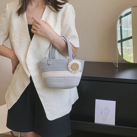 Women Woven Cotton Rope Bucket Bag Large Capacity Bow Floral Decoration Striped Handbag For Summer Vacation Casual Daily