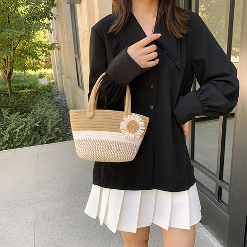 Women Woven Cotton Rope Bucket Bag Large Capacity Bow Floral Decoration Striped Handbag For Summer Vacation Casual Daily