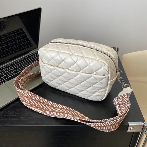 Women Quilted Diamond Small Square Bag Wide Patterned Strap PU Leather Shoulder Crossbody Bag Elegant Versatile Handbag