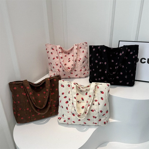 Women Corduroy Strawberry Print Tote Bag Large Capacity Casual Shoulder Bag Cute Student School Handbag With Outer Pocket