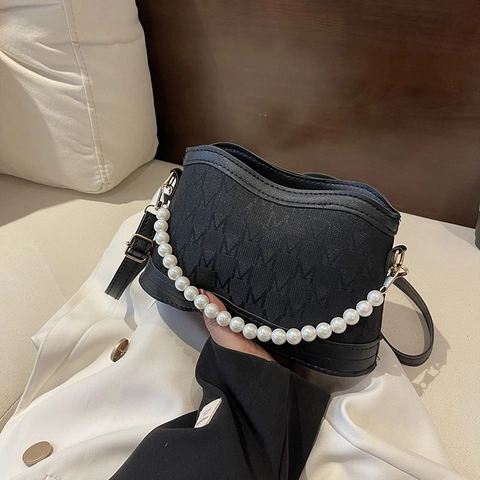 Damen Retro Monogramm M-Muster Umhängetasche Mode PU Leder Künstliche Perlenkette Schultertasche Wellenkante Messenger Bag
