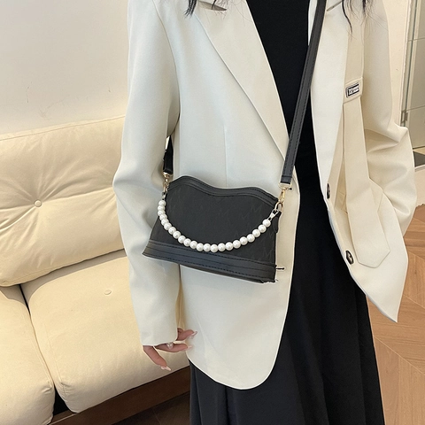 Damen Retro Monogramm M-Muster Umhängetasche Mode PU Leder Künstliche Perlenkette Schultertasche Wellenkante Messenger Bag