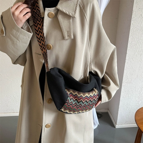 Bolso Hobo de Lona Vintage Para Mujer Gran Capacidad Bandolera Ancha Bohemia Zig-Zag Bolso de Hombro Color Contraste Bolso Medialuna