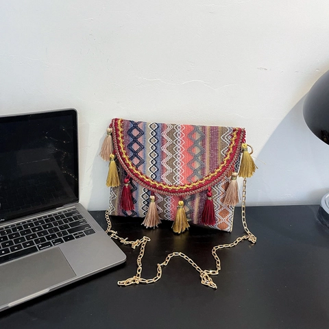 Borsa Quadrata Piccola Tessuta Etnica Bohémien Motivo Geometrico Colorato Nappa Catena Oro Tracolla Donna Viaggio Quotidiana