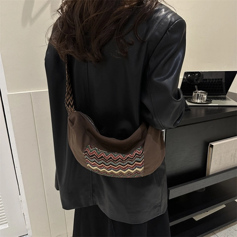 Bolso Hobo de Lona Vintage Para Mujer Gran Capacidad Bandolera Ancha Bohemia Zig-Zag Bolso de Hombro Color Contraste Bolso Medialuna