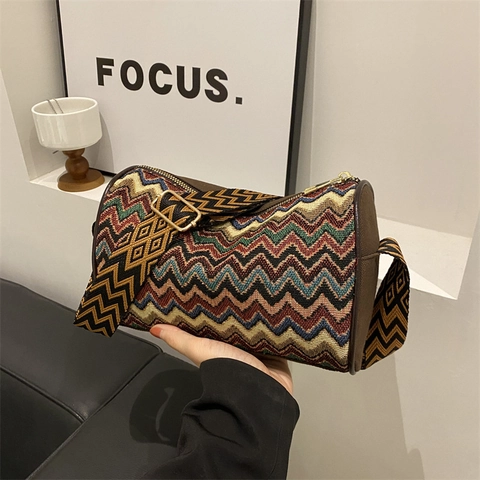 Borsa Tracolla Cilindrica Boho Da Donna Jacquard Motivo Zigzag Tracolla Larga Regolabile Stile Retrò Etnico