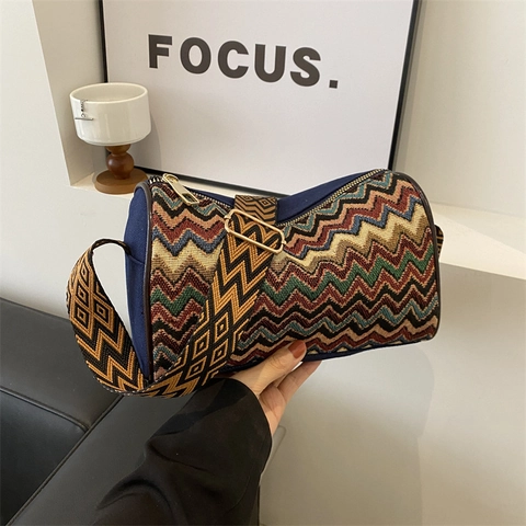 Borsa Tracolla Cilindrica Boho Da Donna Jacquard Motivo Zigzag Tracolla Larga Regolabile Stile Retrò Etnico