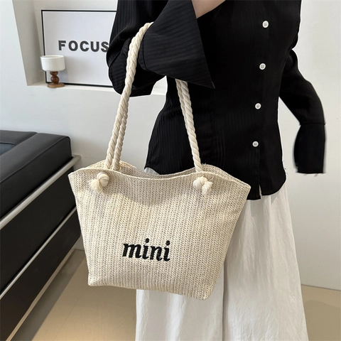 Woven Stroh Tragetasche Mit Baumwollseilgriff Mini Buchstaben Stickerei Lässige Sommer Strand Schulterhandtasche Reißverschluss