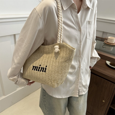 Woven Stroh Tragetasche Mit Baumwollseilgriff Mini Buchstaben Stickerei Lässige Sommer Strand Schulterhandtasche Reißverschluss